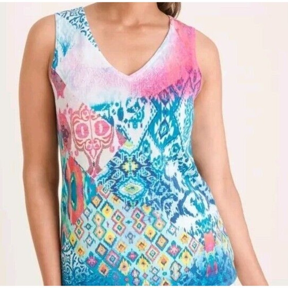 CHICO'S Colorful Sleeveless Top V-Neck Knit Tank Blue Pink White Sz 0 Small